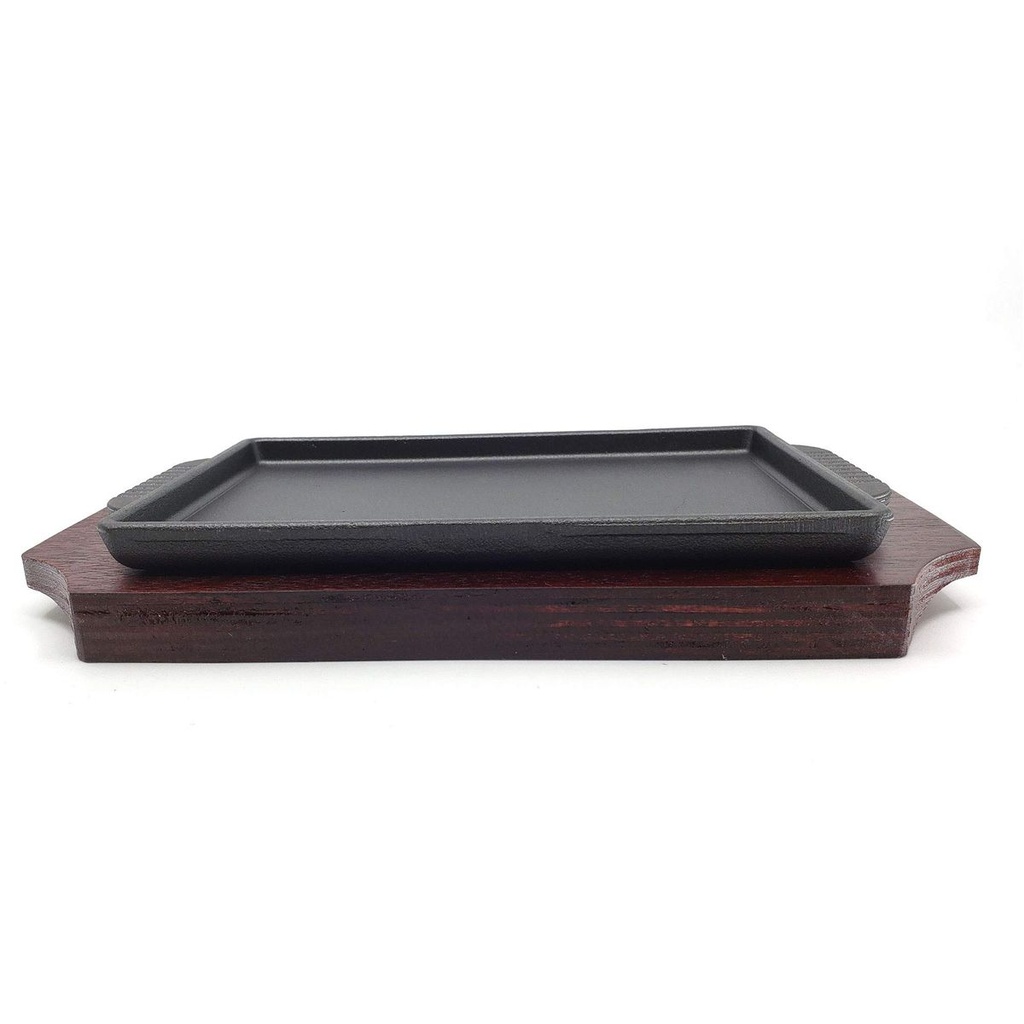 SIZZLER PLATE 28X15CM RECTANGULAR CAST IRON PLATE WITH WOODEN BOARD RVT-008