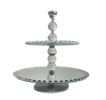 Cake Stand 2 Tier Round Mirror With Diamante On Rotating Stand Rvt2023-290