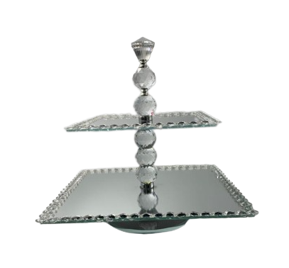 Cake Stand 2 Tier Square Mirror With Diamante On Rotating Stand Rvt2023-294