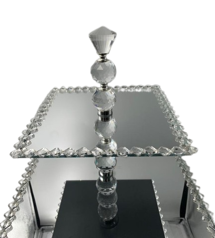 Cake Stand 2 Tier Square Mirror With Diamante On Rotating Stand Rvt2023-294