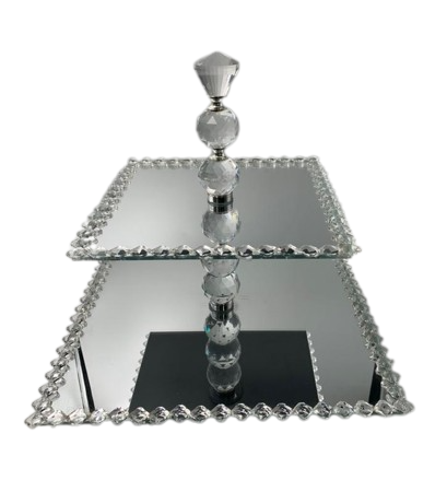 Cake Stand 2 Tier Square Mirror With Diamante On Rotating Stand Rvt2023-294