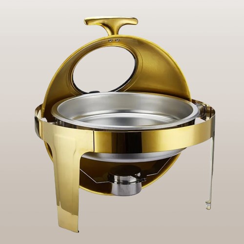 Chafing Dish 47X44Cm Round With Window And Roll Top Lid Gold