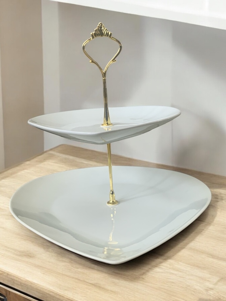 Cake Stand 2T Porcelain Drop Shape White BJ2405050