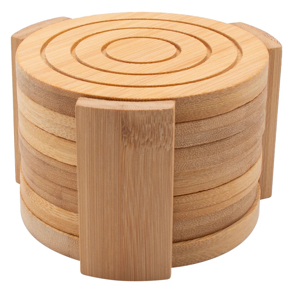 Coasters 10x10cm 6pc Bamboo Round With Holder - 30254