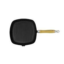 Griller Pan 22.5cm Square Cast Iron with Wooden Handle