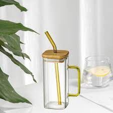 Mug 300ml Square Glass With Wooden Lid and Straw -138