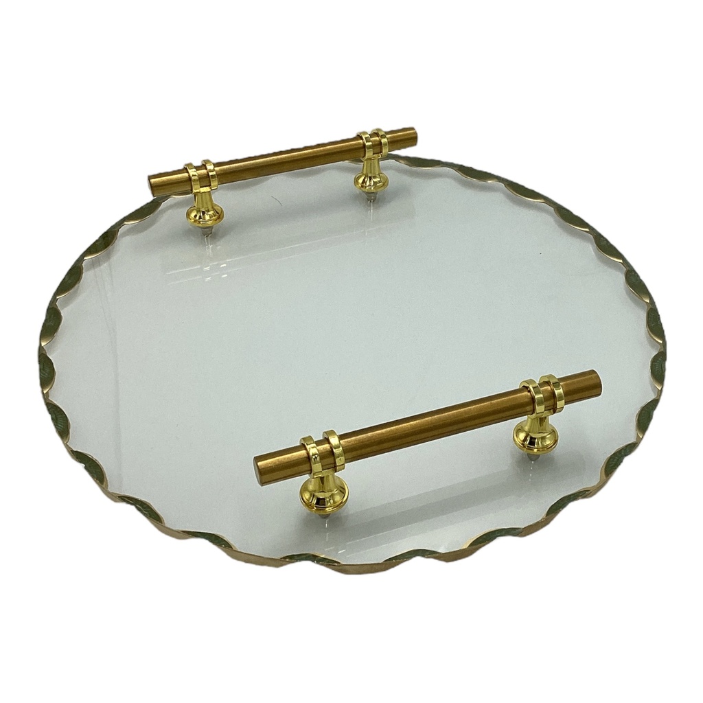 Tray 30cm Round Glass With Gold Border & Handles-RVT2023-279