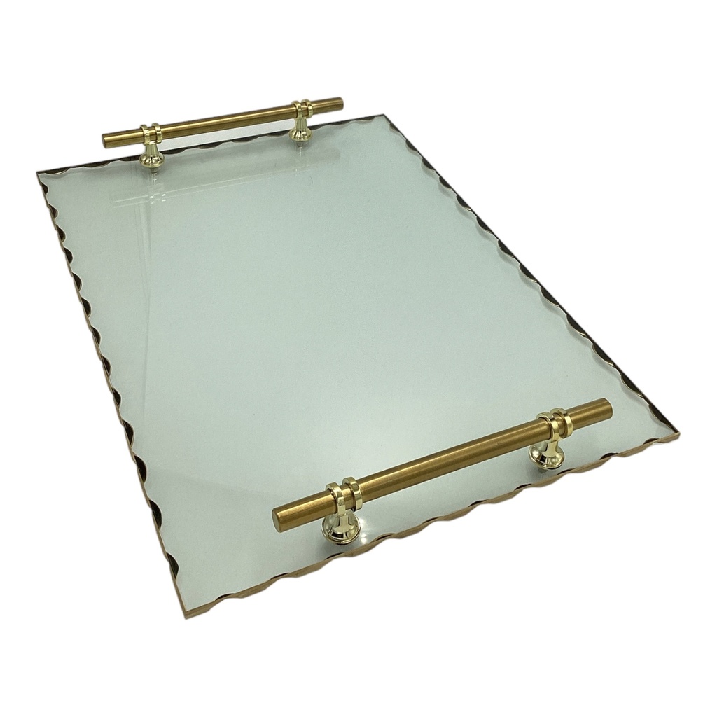 Tray 30x40cm Rectangular Glass With Gold Border & Handles-RVT2023-280