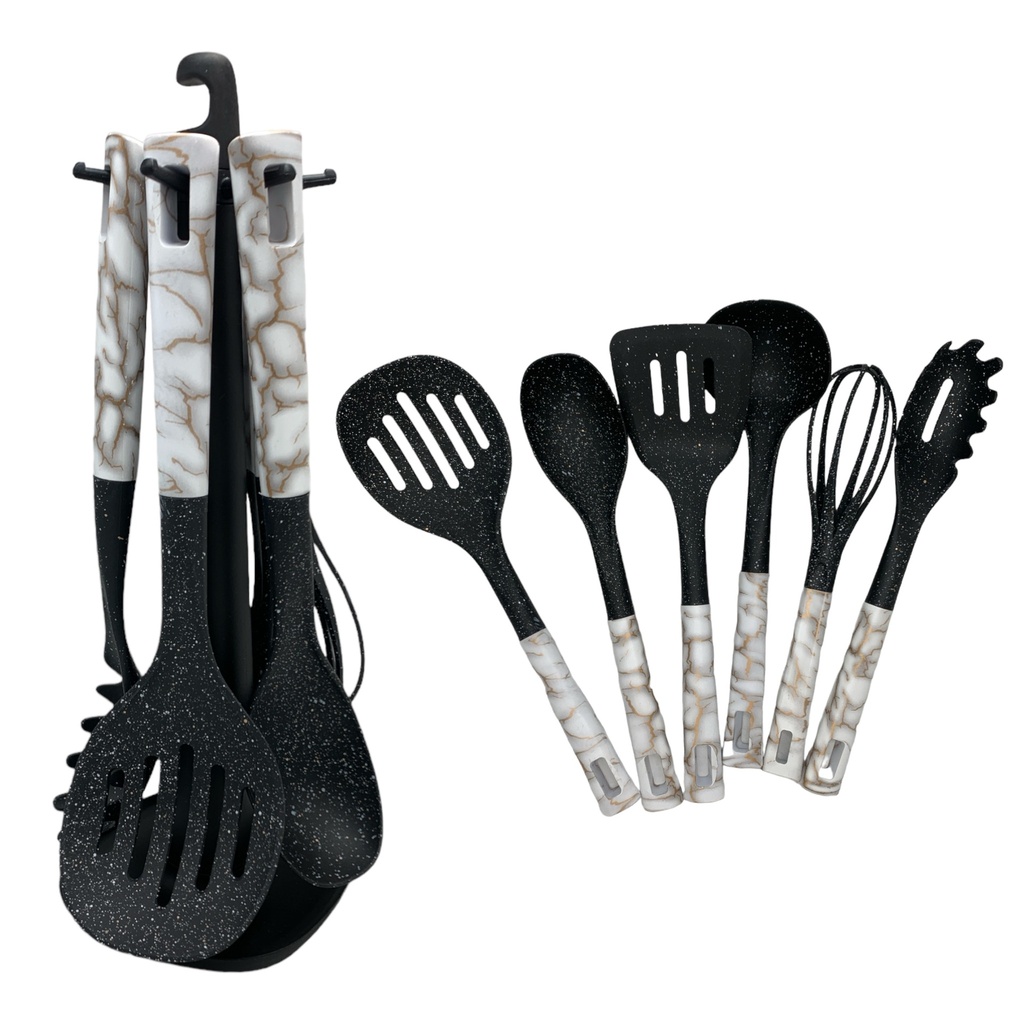 Utensil 7PC Set Marble Look Nylon on Stand RHW HR915-1