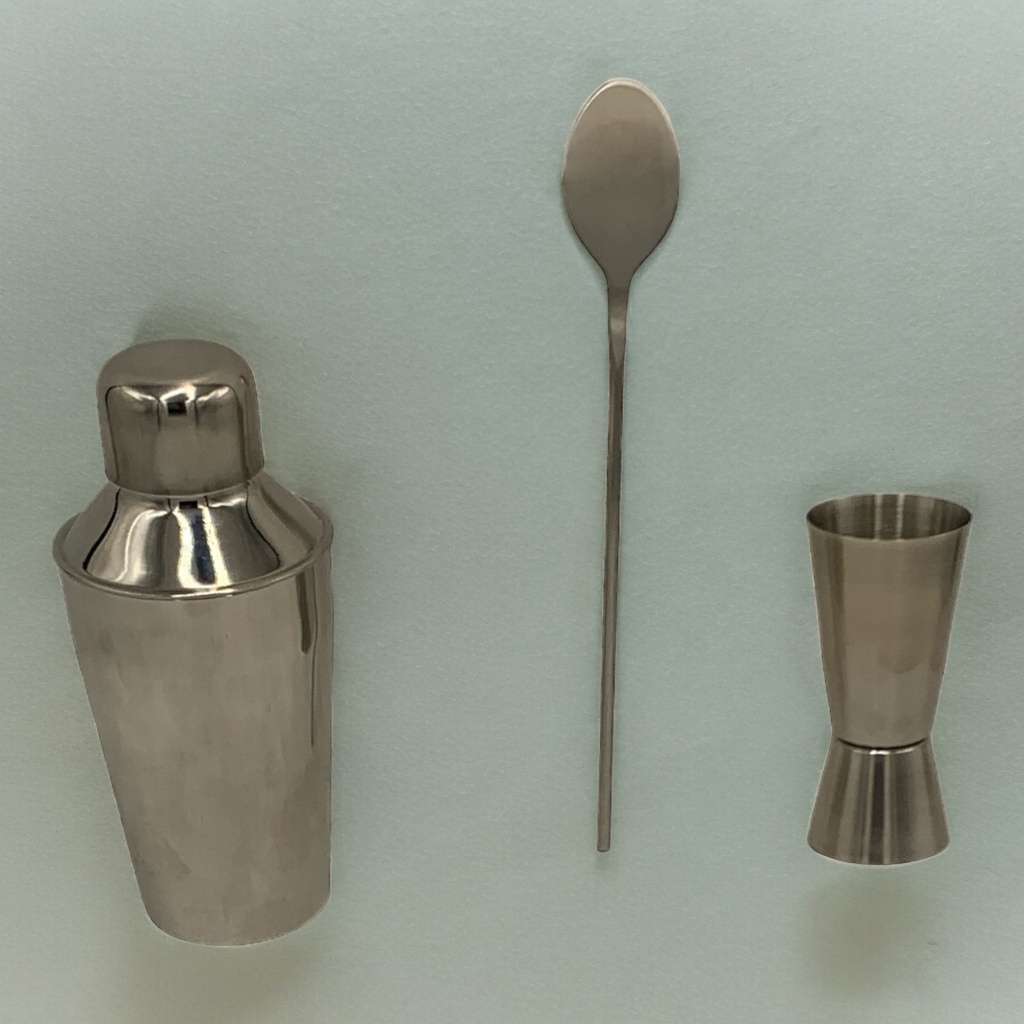 Bar Set 3pc Cocktail Shaker+Tot Measure & Spoon Stainless Steel SC-15300