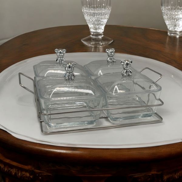 Candy Bowl Set 5pc 4 Glass Bowl With Metal Stand 2024-154