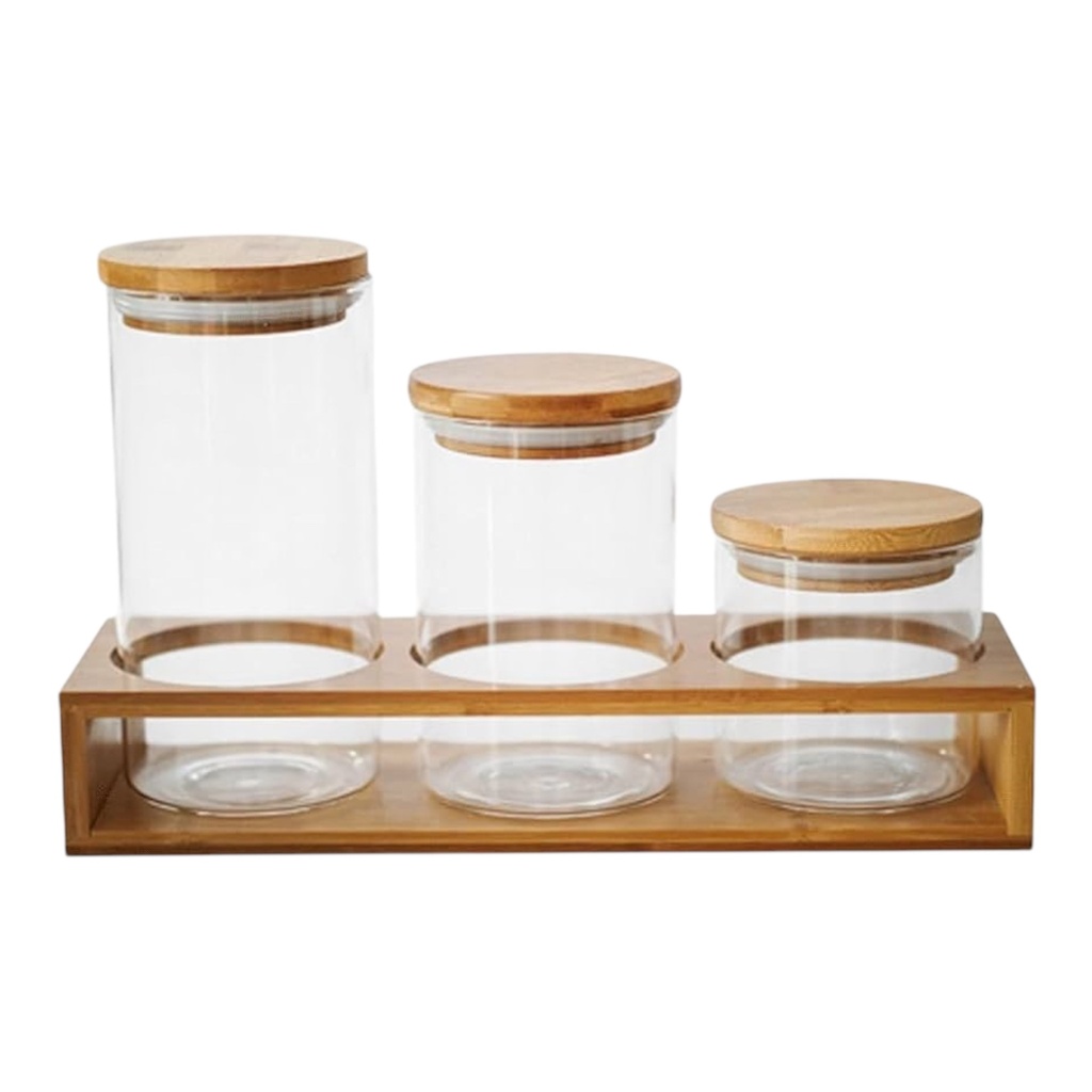 Canister Set 3pc Borosilicate Glass On Wooden Stand JYCWG-3