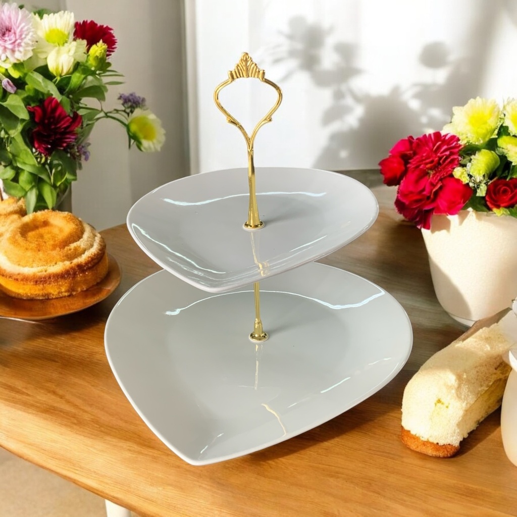 Cake Stand 2T Porcelain Drop Shape White BJ2405050