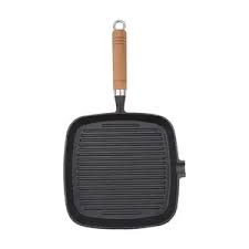 Griller Pan 22.5cm Square Cast Iron with Wooden Handle