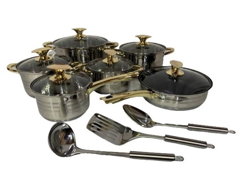 Pot Set 15Pc Ss W/Glass Lid Gold Knob Delica 1293-G