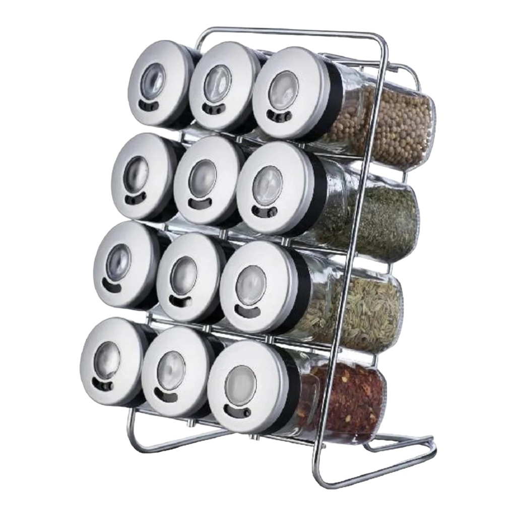 Spice Rack 12Pc 12 Jars With Magnifying On Stainless Steel Stand Aqua 25021