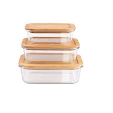 Glass Dish With Bamboo Lid 3Pc Set - 14.5/17/19.5Cm