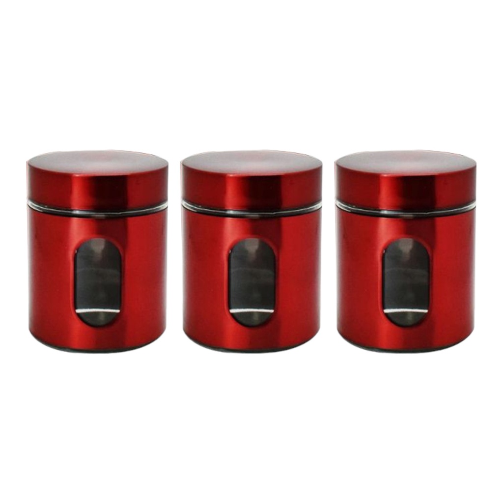 Cannister Set 3Pc W/Window Red Shiny Ch714