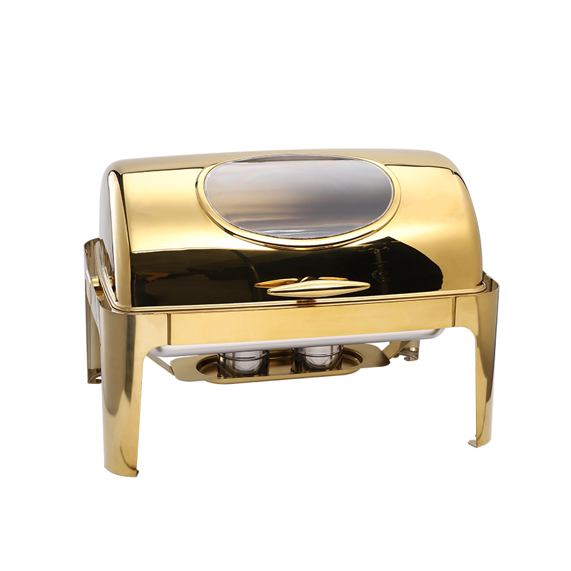 Chafing Dish 62X42X42Cm Rectangular With Window And Roll Top Lid Gold