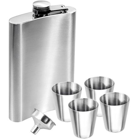 Hip Flask And Shot Glass 6Pc Set Stainless Steel - 1Xhip Flask 220Ml - 4Xshot Glasses - 1Xfunnel