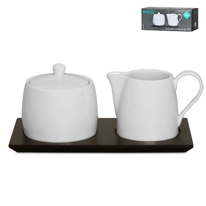 Sugar & Creamer On Tray Set 3Pc 200Ml Creamer- 7X7X10Cm Sugar - 22X11X1Cm Tray Just White Eetrite Er0139