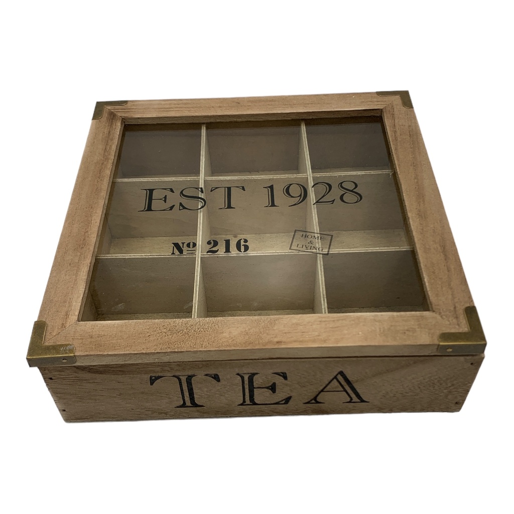 Tea Box 9 Division 24.5X24.5X7Cm Wooden With Glass With Black Decal Sd311-4