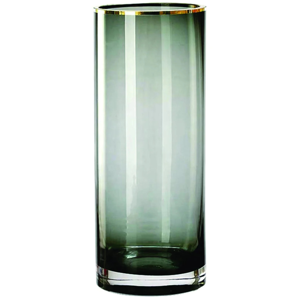 Vase 30x10cm Glass Grey Ribbed With Gold Rim Rvt2023-275