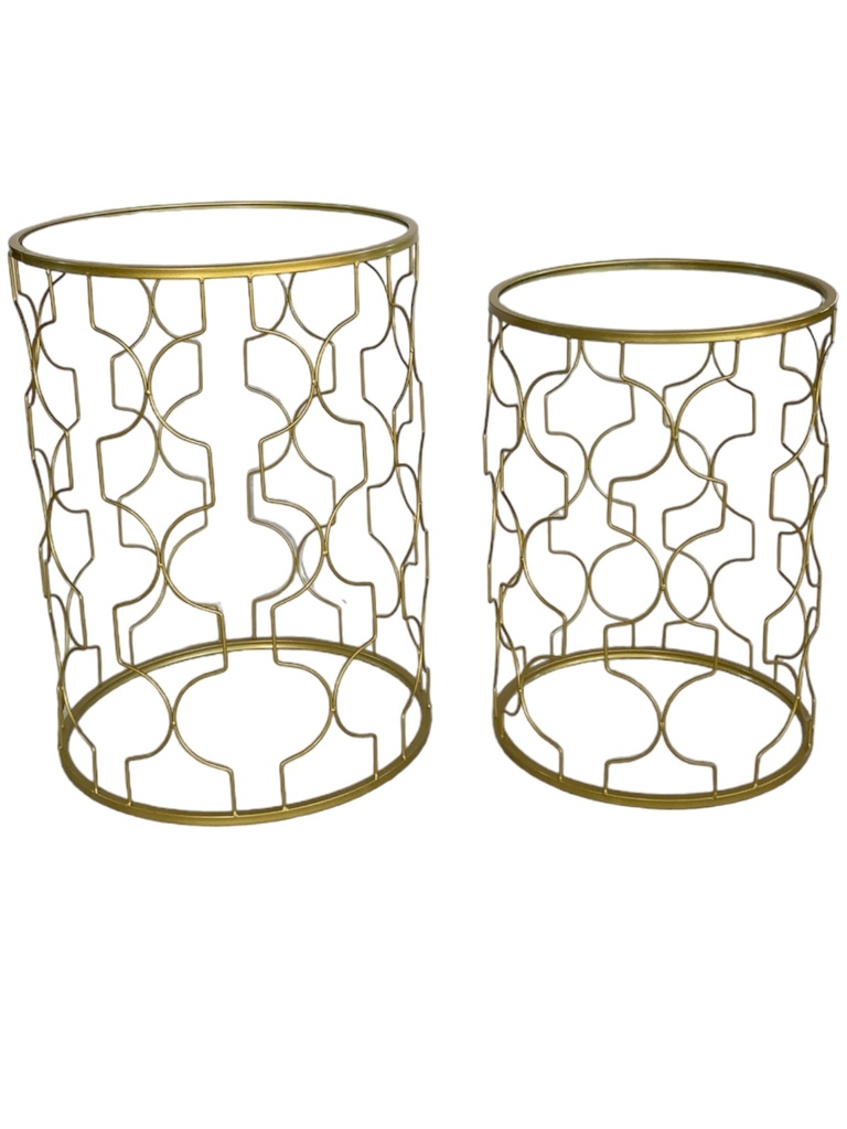 Side Table 2pc Set Round Gold Metal With Mirror Top RVT2023-374