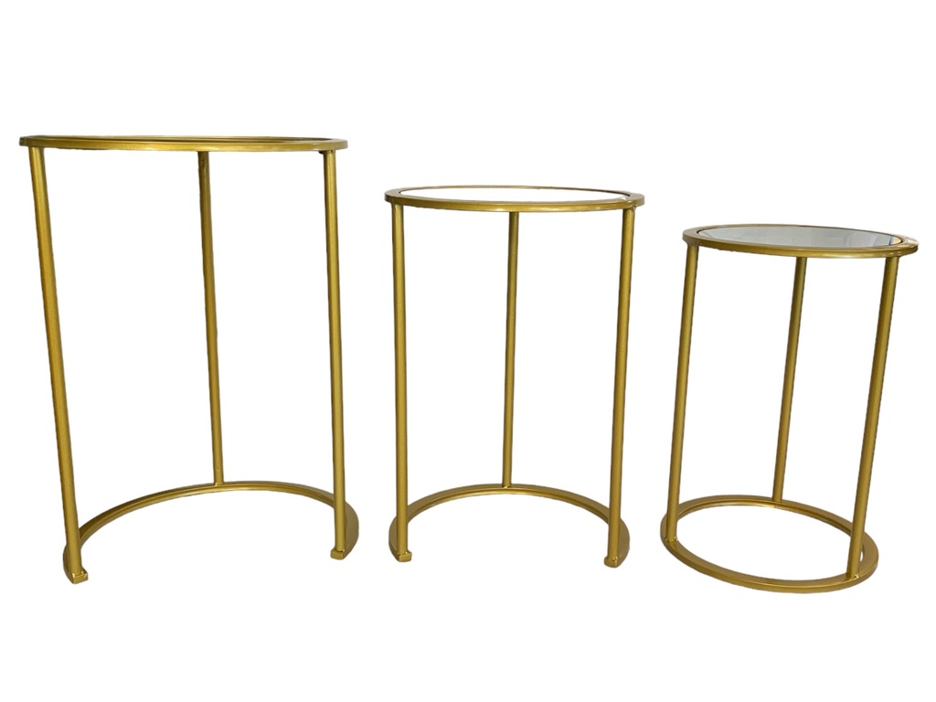 Side Table 3pc Set Round Gold Metal Nested With Mirror Top RVT2023-377