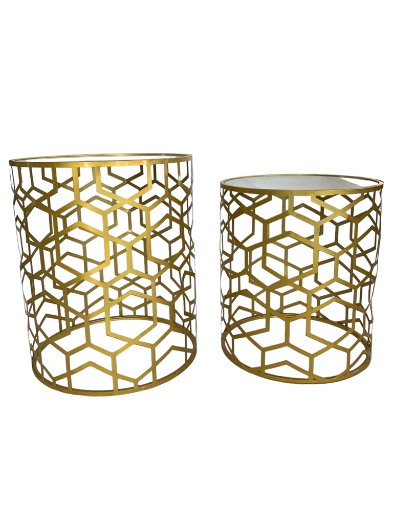 Side Table 2pc Set Round Gold Metal With Mirror Top RVT2023-375