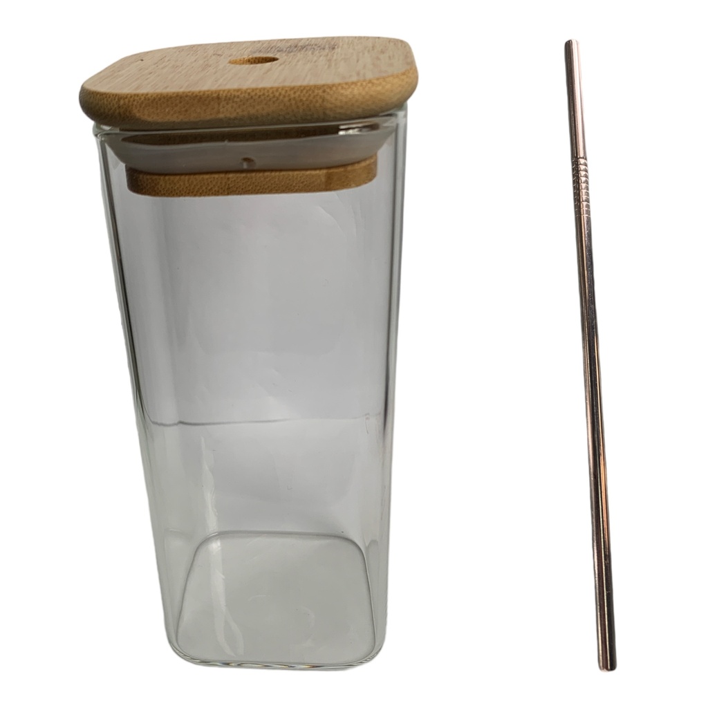 Water Bottle 380ml Glass With Bamboo Lid & Straw Square RVT2023-038