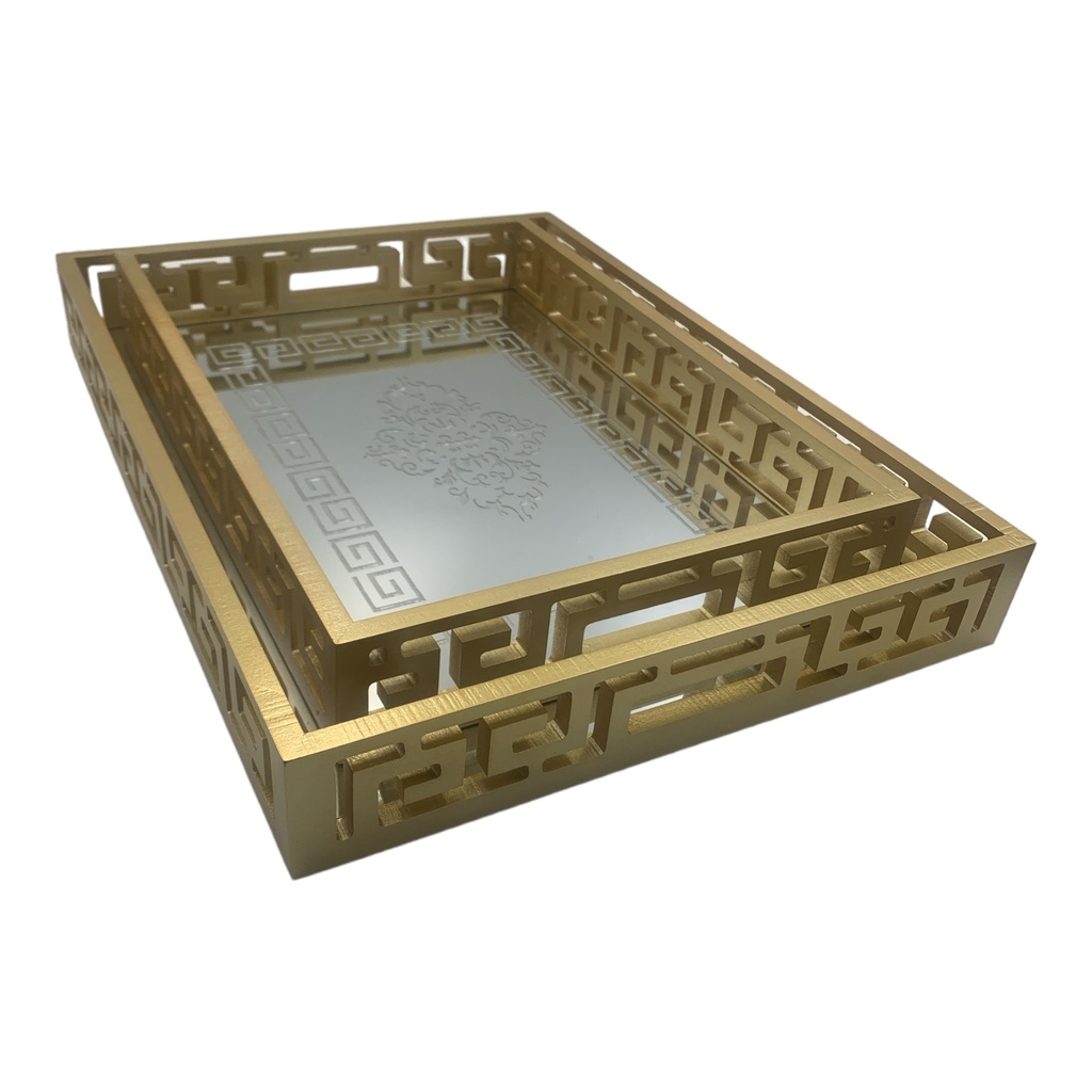 Tray 2pc Set Designer Gold with Mirror Inlay Embossed