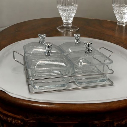 [AD26044] Candy Bowl Set 5pc 4 Glass Bowl With Metal Stand 2024-154