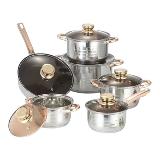 [AD26073] Pot Set 12pc Engelberg Stainless Steel With Gold Glass Lids 2023-111