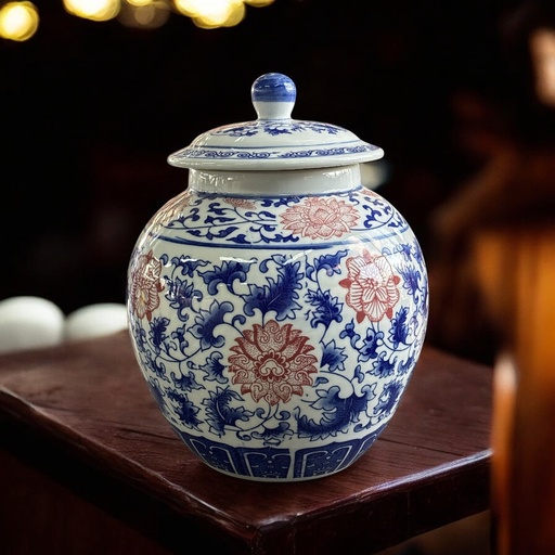 [AD26370] Jar 30x23cm Decor Ceramic With Lid Blue & Red Ginger CH9333-16