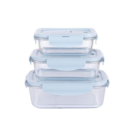 [AD26393] Glass Lunch Box 1520/1040/640ml 3pc Set Air Tight Lid CH1064