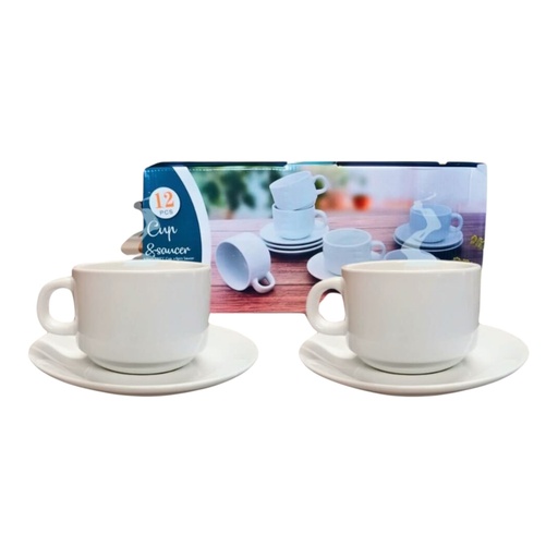 Cup & Saucer 12pc set White Stacking 220ml HSM-BD-2