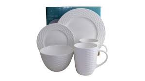 [D1480|09GROOVED] Dinner Set 16Pc White Embossed Yc16Pc