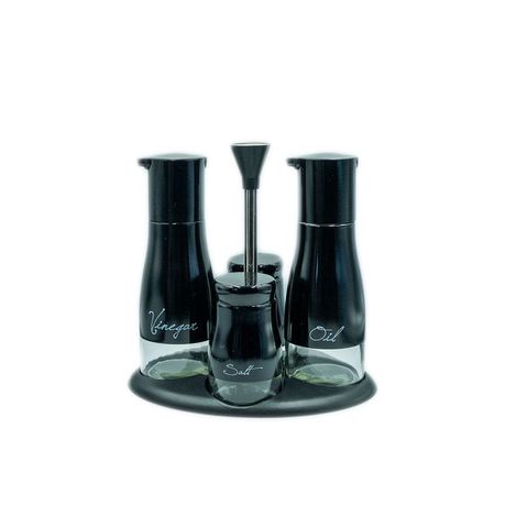 [ST1523|BLACK] Cruet Set 4Pc On Stand S/P/O/V Glass With Metal Decal Ass Colours Rhw3126