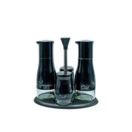 [ST1523|BLACK] Cruet Set 4Pc On Stand S/P/O/V Glass With Metal Decal Ass Colours Rhw3126