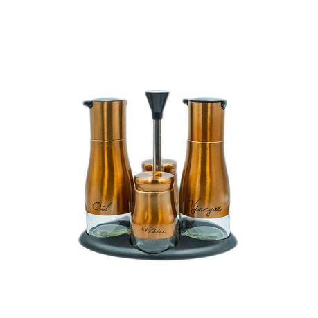 [ST1523|COPPER] Cruet Set 4Pc On Stand S/P/O/V Glass With Metal Decal Ass Colours Rhw3126