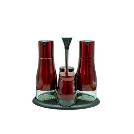 [ST1523|RED] Cruet Set 4Pc On Stand S/P/O/V Glass With Metal Decal Ass Colours Rhw3126