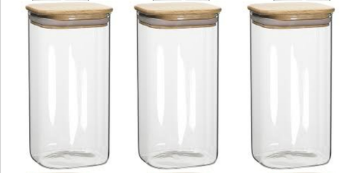 [GL1887-3] Cannister Set 3Pc 10.5X10.5X13Cm Square With Bamboo Lid Borisilicate Glass 27127