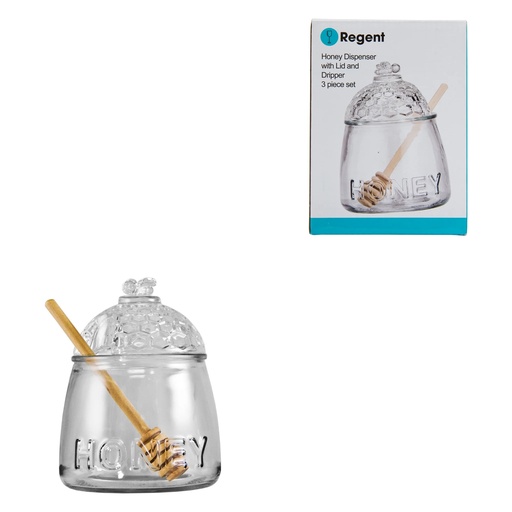 [GL1962] Honey Jar And Dipper 590Ml 3pc Glass Beehive Aqua Regent 75088