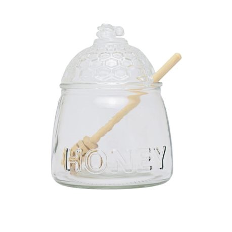 [GL1962] Honey Jar And Dipper 590Ml 3pc Glass Beehive Aqua Regent 75088