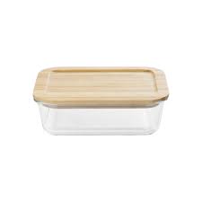 [ST192] Glass Dish With Bamboo Lid 14.5X10.5X4.5Cm 27110