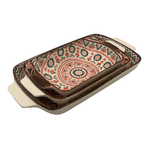 [D1538] Casserole Dish Set 3Pc 23.5X13X5Cm 27.5X15.5X5Cm And 34X18X6.5Cm Printed Cultural Pattern 22007-1