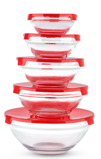 [GL257] Bowl Set Glass 5Pc W/Lids Rvt257