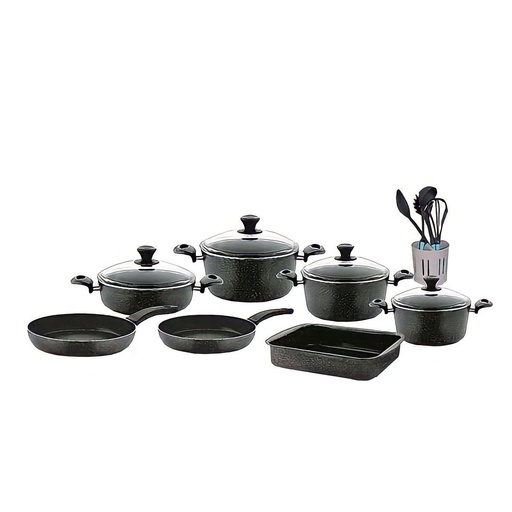 [P758|BLACK] Pot Set 17Pc Trend Forged Aluminium With Glass Lids Bonera Berlin