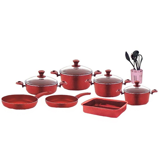 [P758|RED] Pot Set 17Pc Trend Forged Aluminium With Glass Lids Bonera Berlin